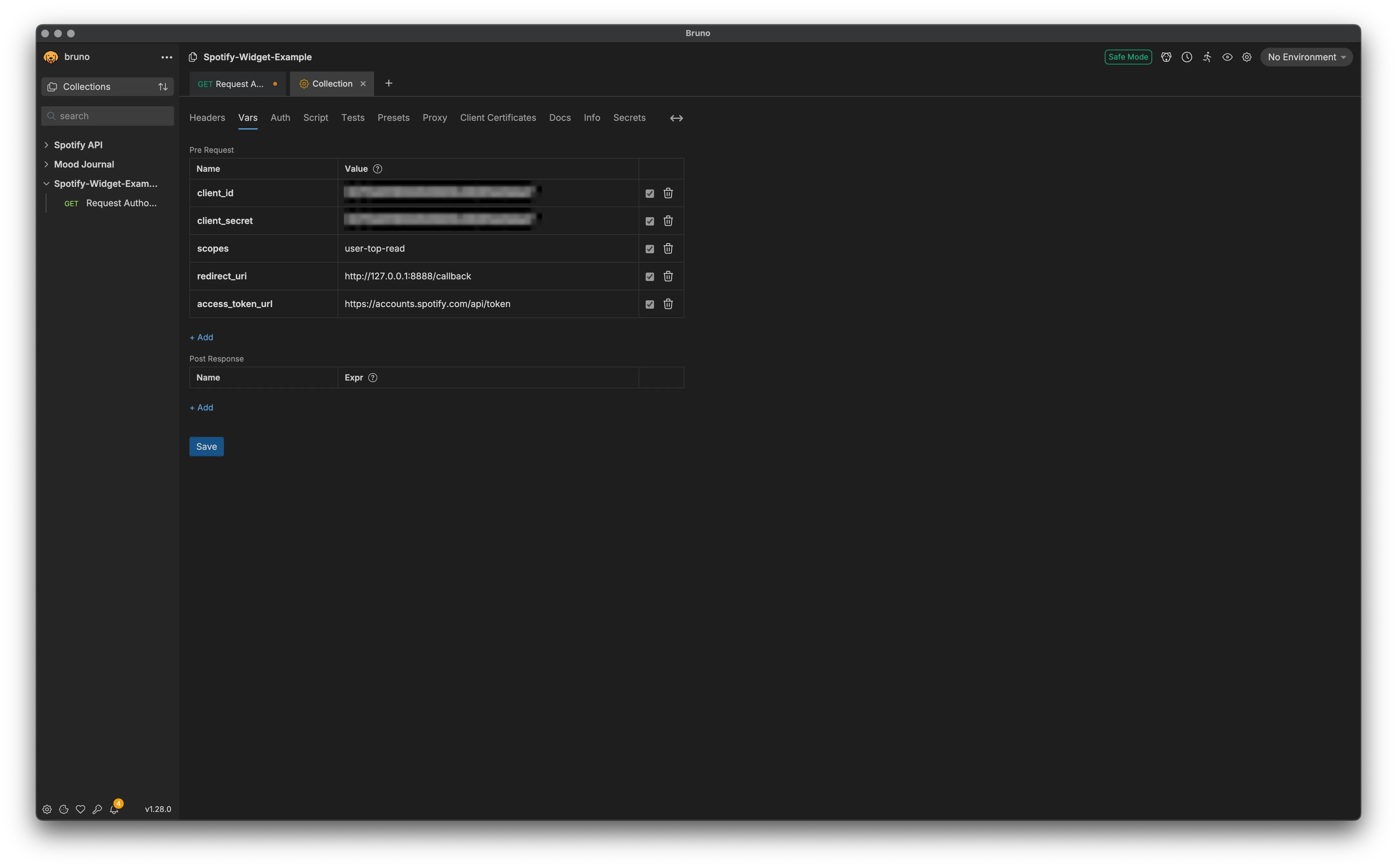 A screenshot of the properly formatted Collection Variables panel in the Bruno API client.